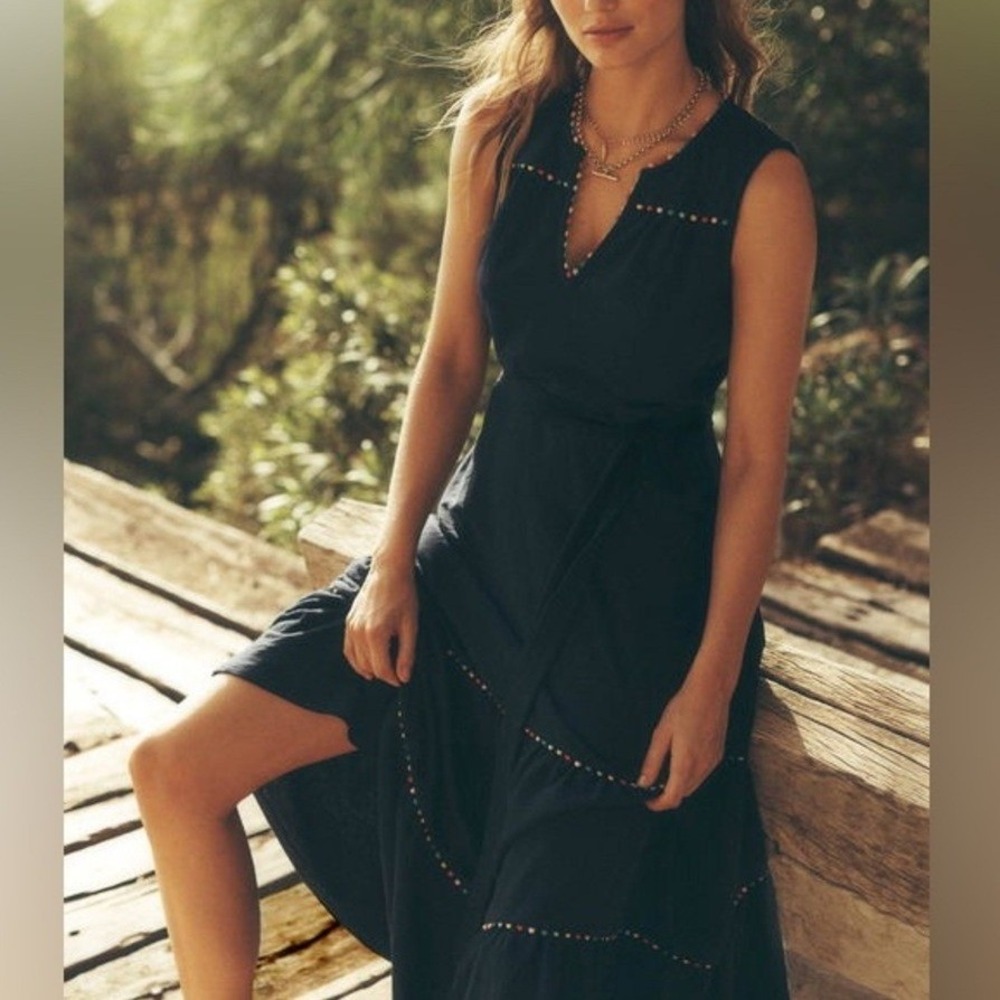 Boden Tara Tiered Midi Dress US 8 Pom Trim 100% Cotton Navy Blue - Picture 15 of 15
